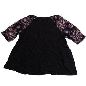 Emery Rose Black Tunic Top Women Size XL Colorful Printed Short Sleeves Boho